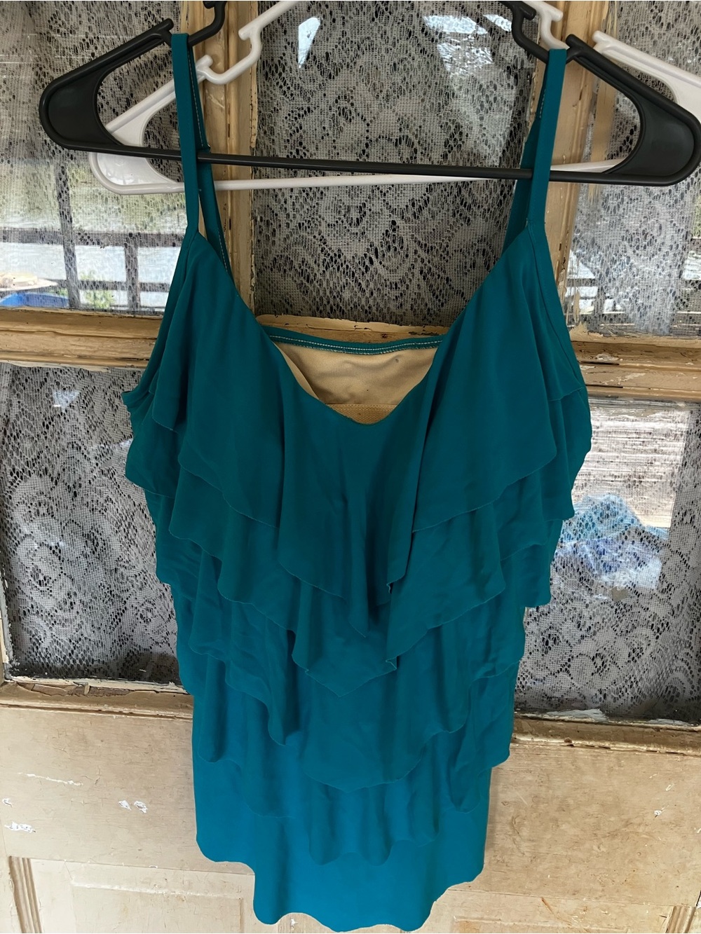 Layered Teal Swim Cami with Ruffle Tiers